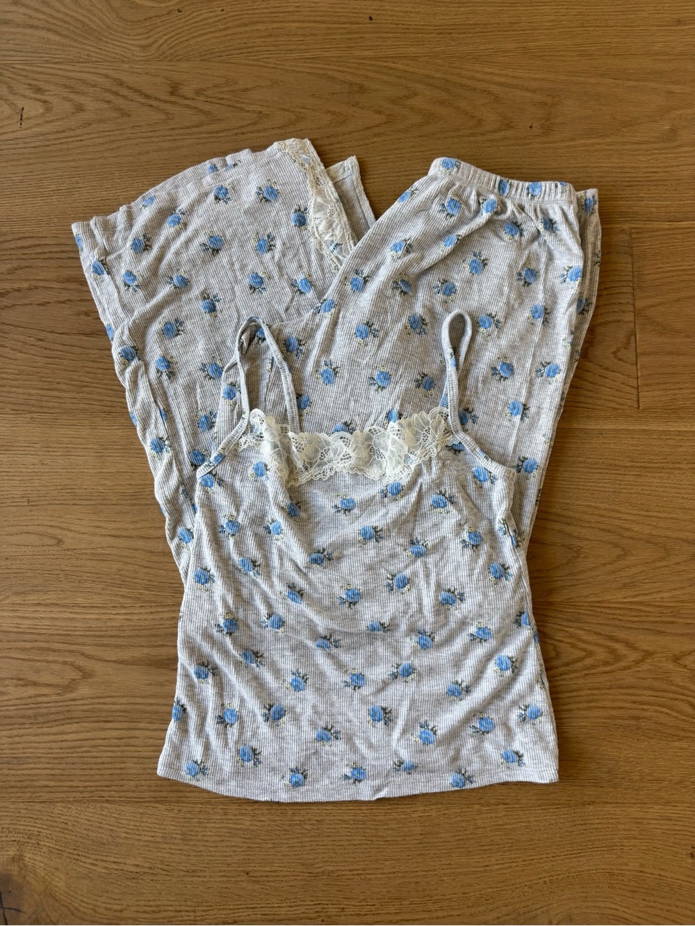 aerie Blue Floral Lace-Trim Cami & Pant Sleep Set